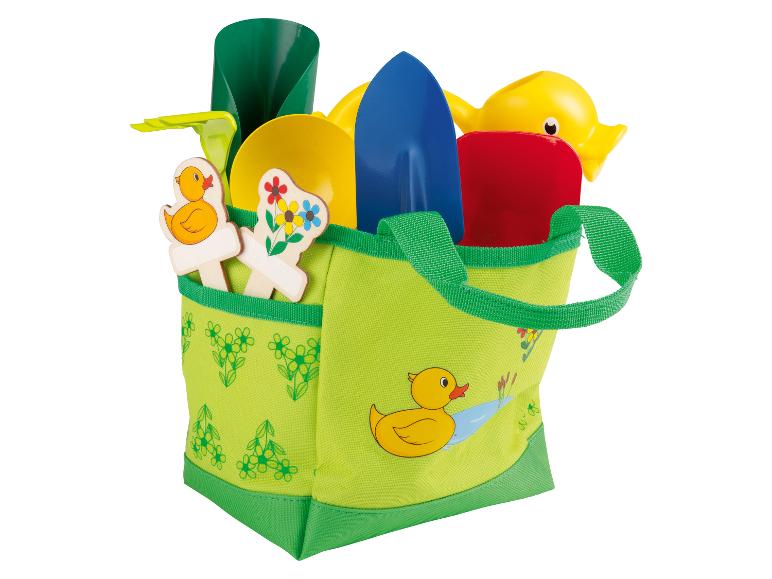 Sac de jardinage pour enfants vert avec outils de jardinage colorés et décorations de canards.