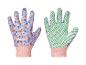 Paire de gants de jardinage à motifs floraux violets et oranges, avec paume antidérapante verte.