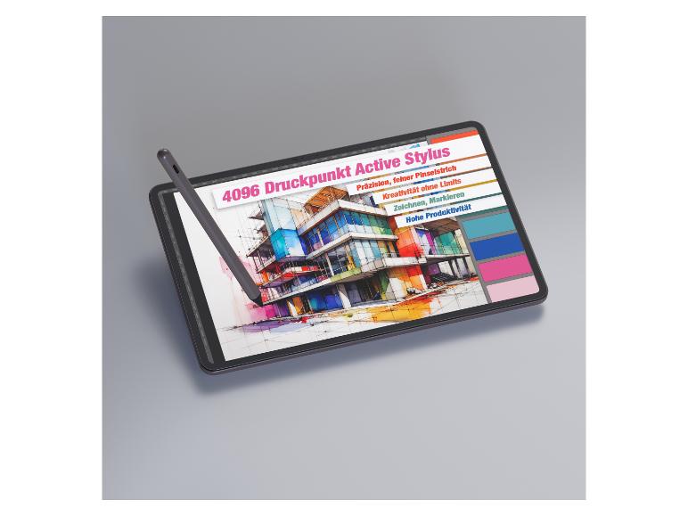 Tablette avec stylet actif, affichant un dessin architectural coloré et du texte sur la précision.