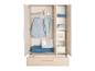Armoire pour enfants avec portes ouvertes, contenant des vêtements et accessoires pour bébés.