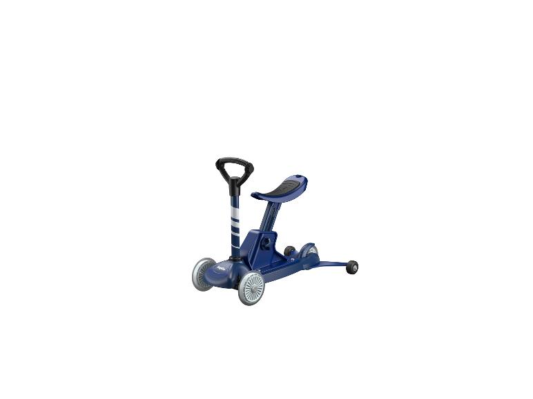Trottinette enfant 3 en 1 bleue avec siège et guidon réglable.