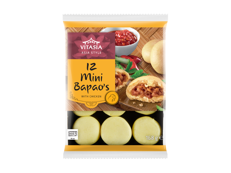 Paquet de 12 mini bapaos de style asiatique au poulet, 168g.