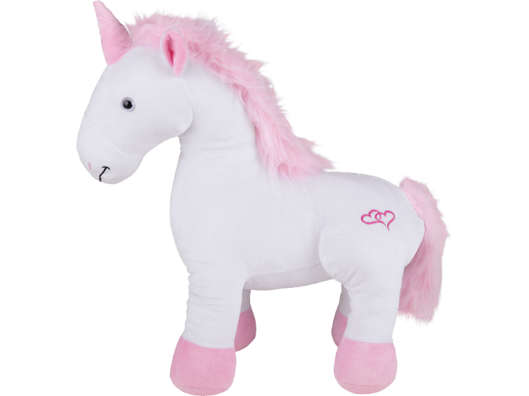 Licorne en peluche blanche avec crinière et sabots roses.