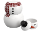 Récipient en forme de bonhomme de neige avec écharpe rouge et boutons, à côté un récipient ouvert avec un visage.