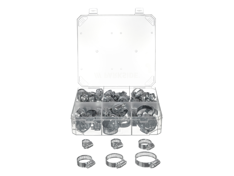Kit de colliers de serrage LIDL dans une boîte transparente, différentes tailles