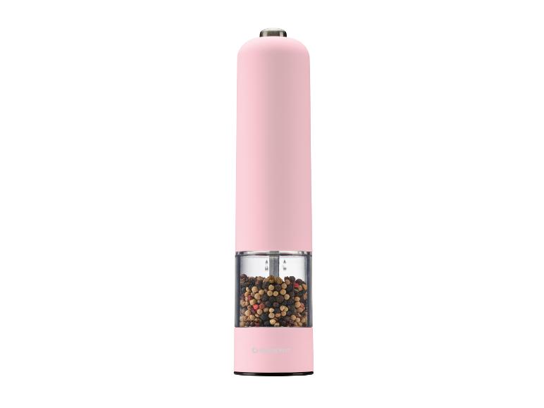 Moulin à poivre électrique rose avec réservoir transparent et grains de poivre colorés.