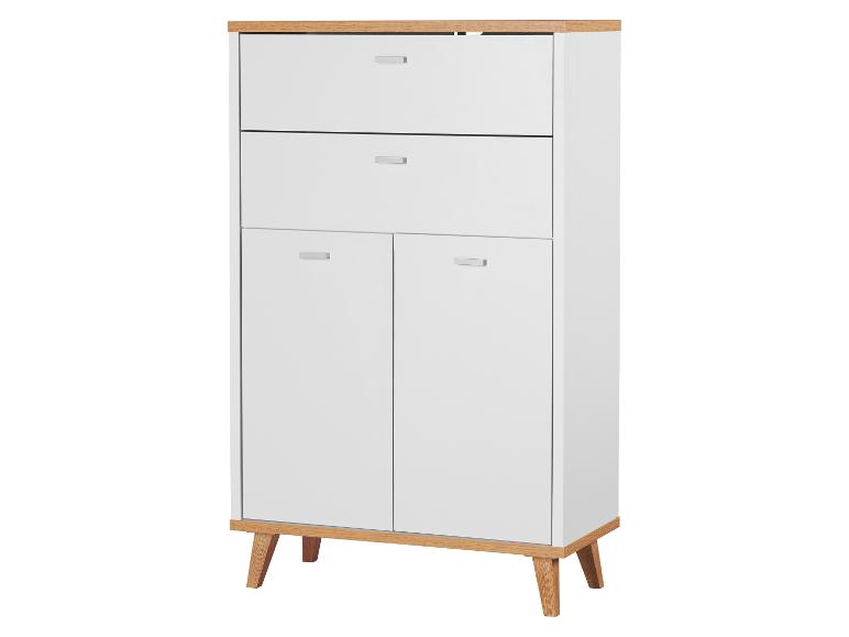 Meuble de rangement blanc et bois avec tiroirs et portes