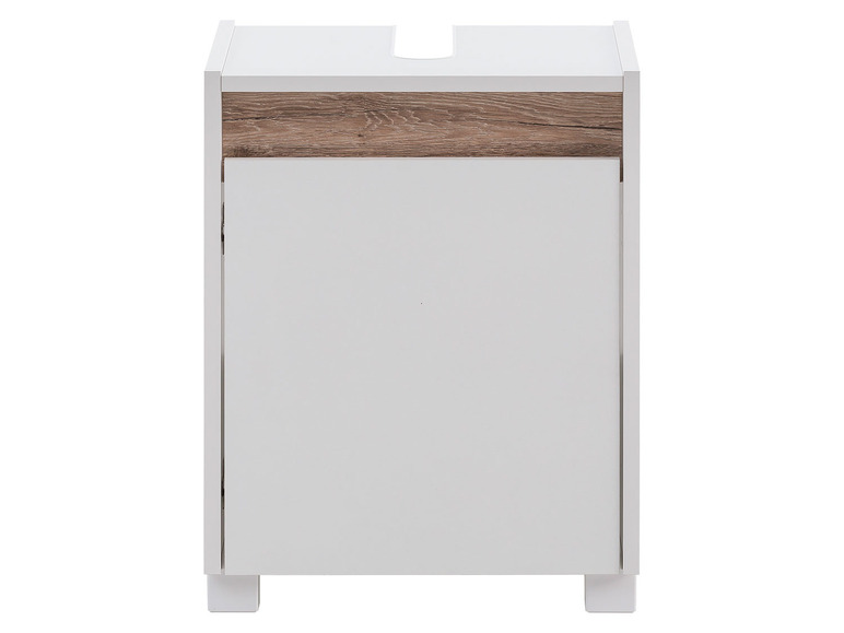 Meuble de salle de bain blanc avec accents en bois.