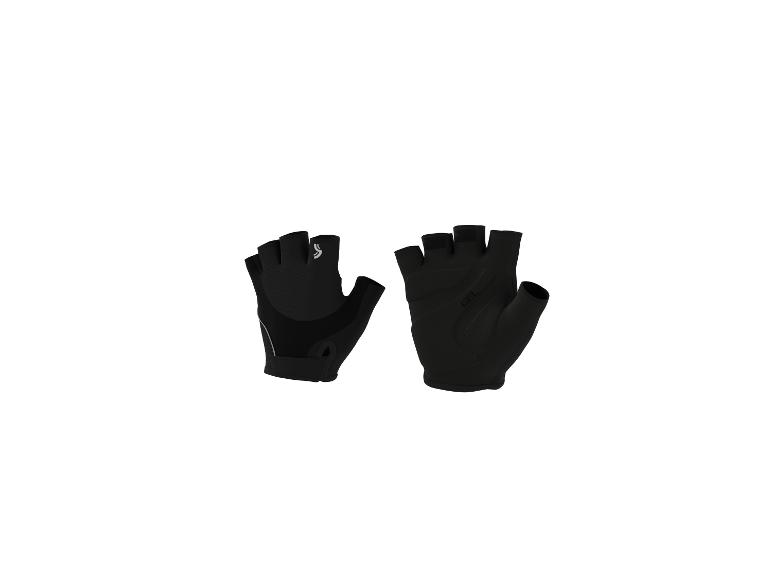 Une paire de gants de cyclisme noirs à doigts courts avec l'inscription 'GEL' sur la paume.