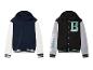 Deux vestes de baseball à capuche : une bleu marine avec des manches blanches, l'autre noire avec des manches grises.