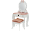Coiffeuse jouet blanche et rose avec miroir, tiroir et tabouret rembourré.