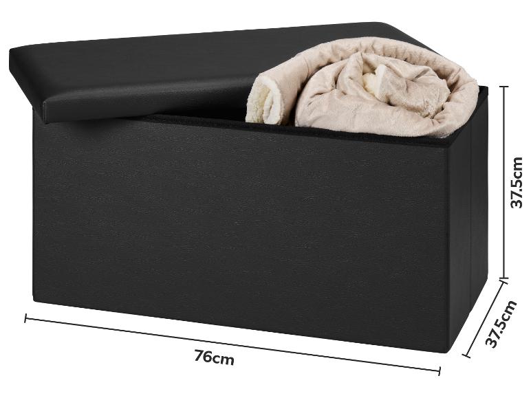 Banc de rangement noir avec couvercle ouvert et couverture roulée, mesurant 76x37,5x37,5cm.