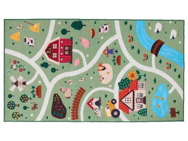 Tapis de jeu sur le thème de la ferme, avec routes, grange, animaux et maisons.