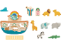 Jouet en bois Arche de Noé avec figurines d'animaux et de personnes.