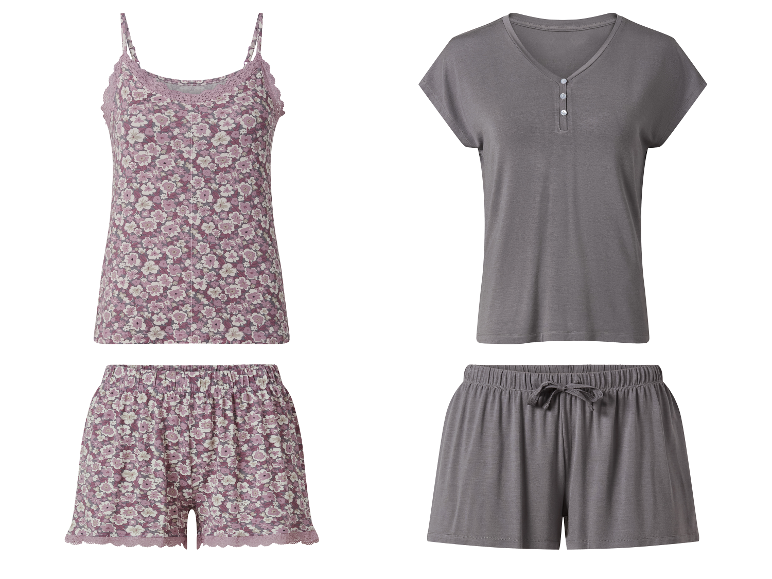 Deux ensembles de pyjamas pour femmes : un à motifs floraux, un gris.