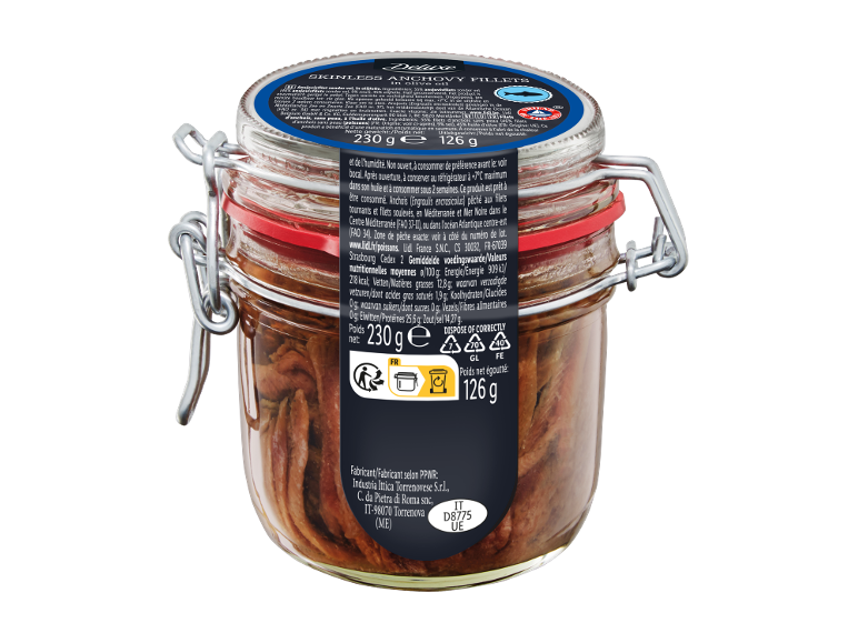 Bocal DELUXE de filets d'anchois sans peau à l'huile d'olive, 230 g.
