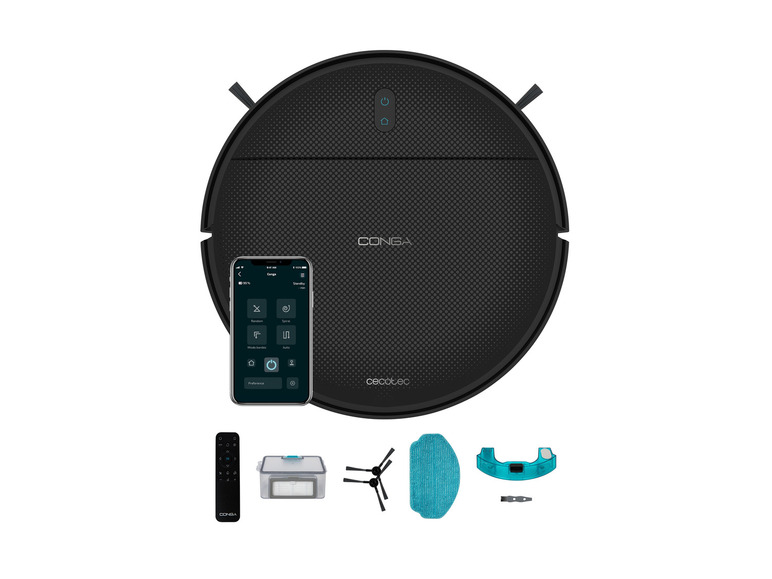 Un aspirateur robot Cecotec Conga noir avec accessoires.