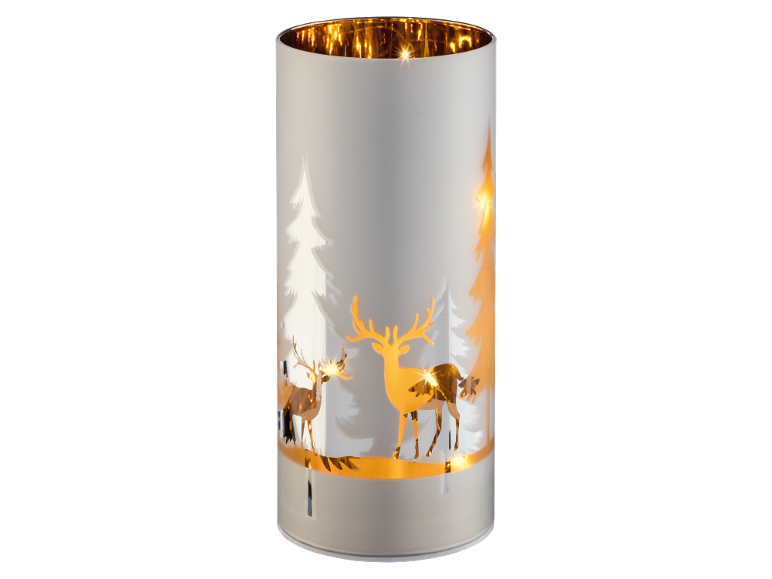 Lanterne cylindrique décorative de Noël avec silhouettes illuminées de cerfs et d'arbres.