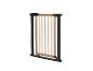 Barrière de sécurité bébé en bois et noire avec serrure, ouverte à droite.