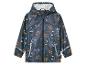 Un imperméable bleu foncé avec un motif d'éléphants, de tigres et de crocodiles.