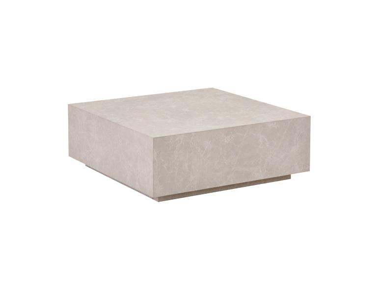 Table basse carrée en marbre beige avec une base discrète.