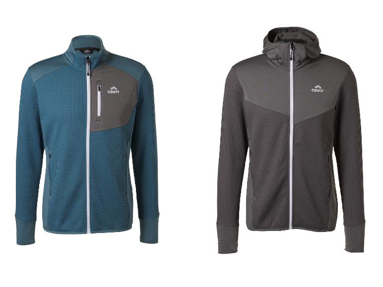 Deux vestes polaires pour hommes : une sarcelle et une grise, toutes deux avec une fermeture éclair blanche.