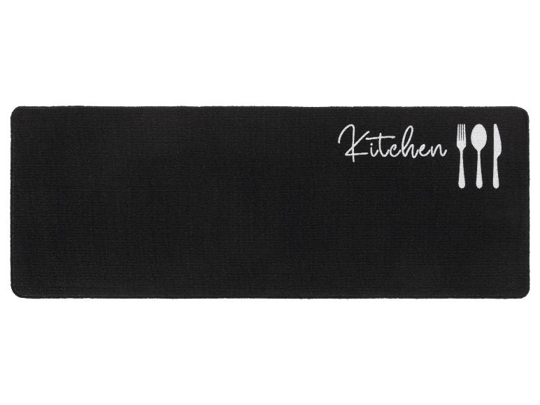 Tapis de cuisine noir avec le texte 'Kitchen' et des illustrations de couverts.