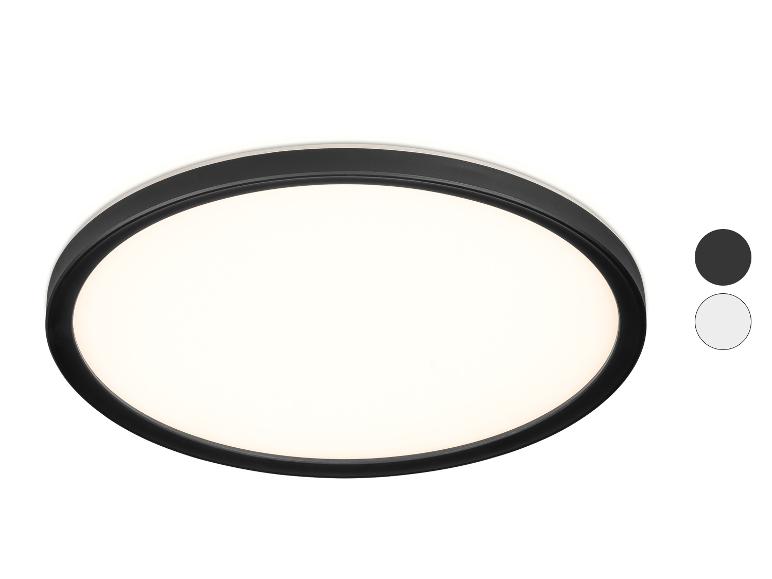 Plafonnier rond avec cadre noir, lumière blanche et deux options de couleur.