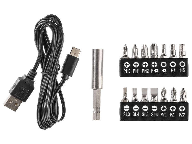 Câble de charge USB et un jeu d'embouts de tournevis magnétiques.