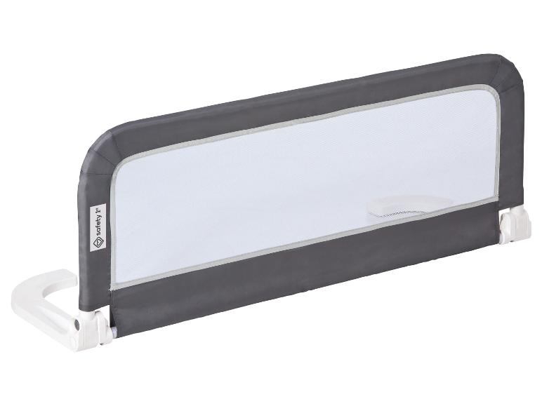 Barrière de lit Safety 1st grise et blanche avec fenêtre en maille.