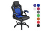 Un fauteuil de jeu noir et bleu avec accoudoirs.