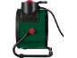 Vue latérale d'un radiateur soufflant électrique vert et noir avec un bouton et une poignée rouges.