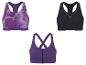 Trois soutiens-gorge de sport : un violet à motifs, un noir et un violet avec une fermeture éclair avant.