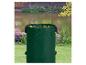 Une poubelle verte pour déchets de jardin remplie de feuilles, sur une pelouse