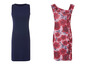 Deux robes : une bleu marine et une rose à imprimé floral rouge.