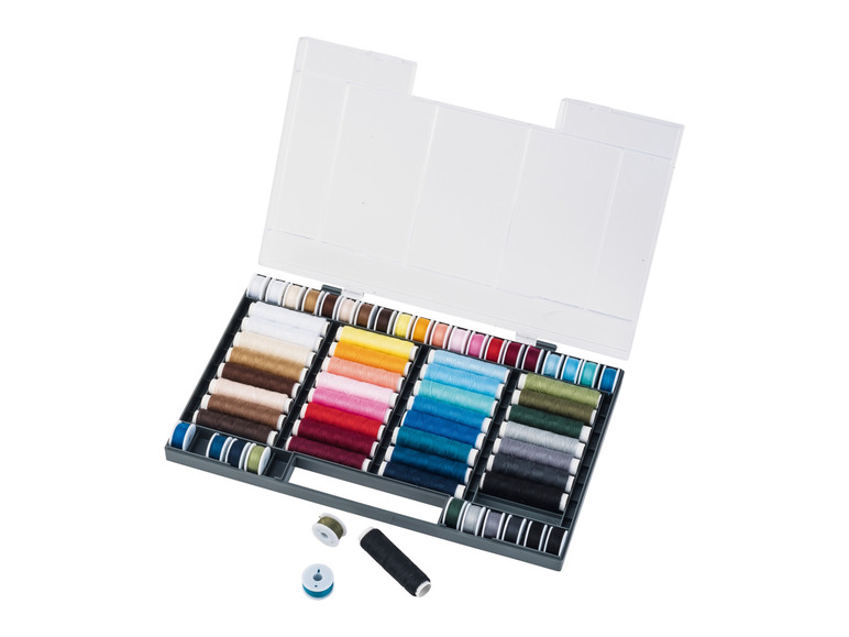 Une boîte de fils à coudre de différentes couleurs.