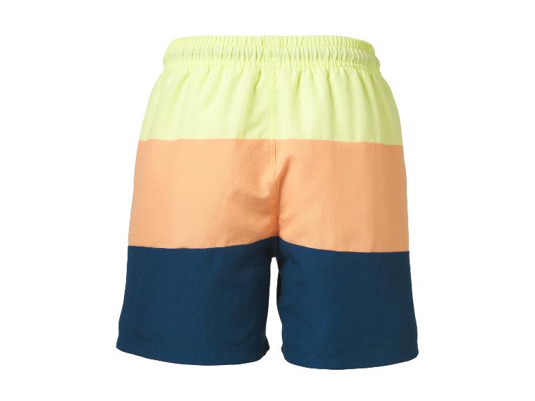 Short de bain homme trois couleurs : jaune fluo, orange et bleu foncé.