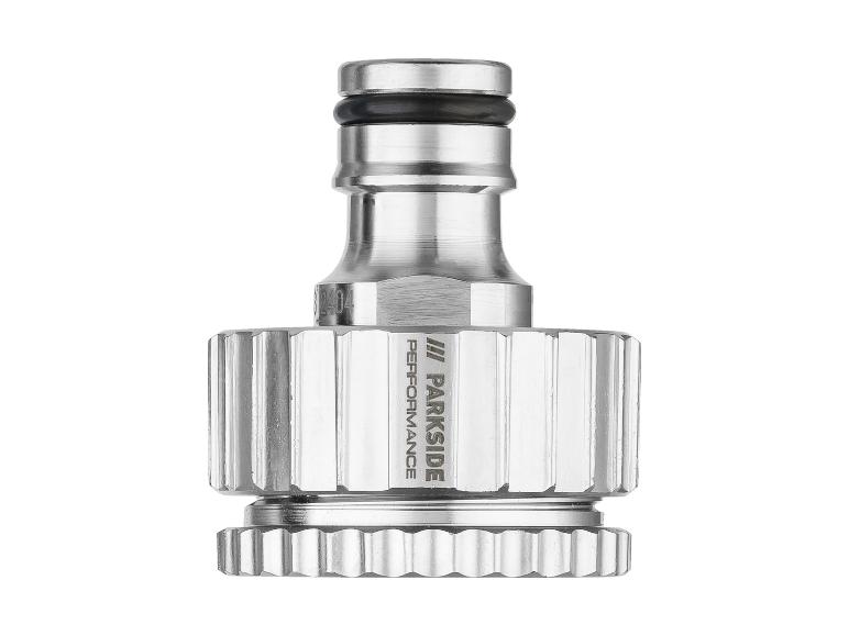 Raccord de tuyau d'arrosage en métal Parkside Performance avec joint torique noir.