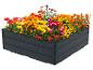 Gerbera, gazania et autres fleurs colorées dans une jardinière en plastique imitation bois.