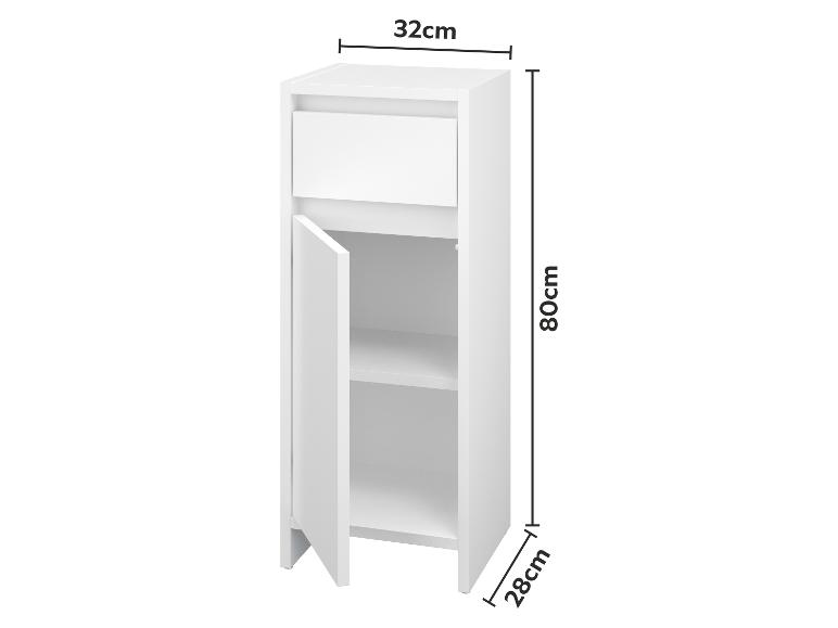 Meuble de rangement blanc avec un tiroir et une porte, dimensions 32x80x28cm.