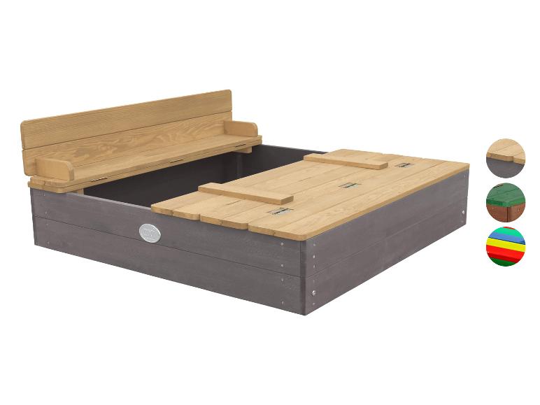 Bac à sable en bois avec banc et couvercle, avec options de couleurs supplémentaires.