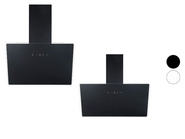 Deux hottes de cuisine noires avec commandes tactiles, l'une avec un bord blanc, sur fond blanc.