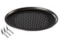 Une plaque de cuisson ronde avec des trous de Zenker, avec quatre poignées métalliques.