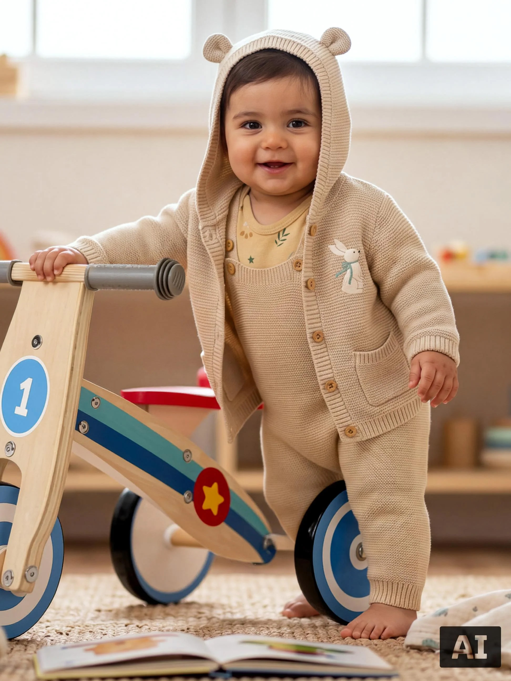 Bébé en combinaison en tricot à capuche debout à côté d'une drisienne en bois.