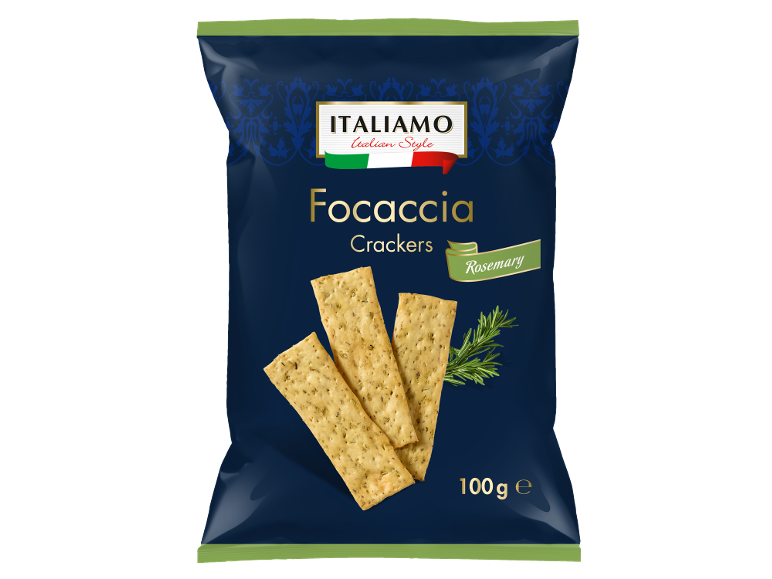 Paquet de crackers focaccia au romarin, 100 g.