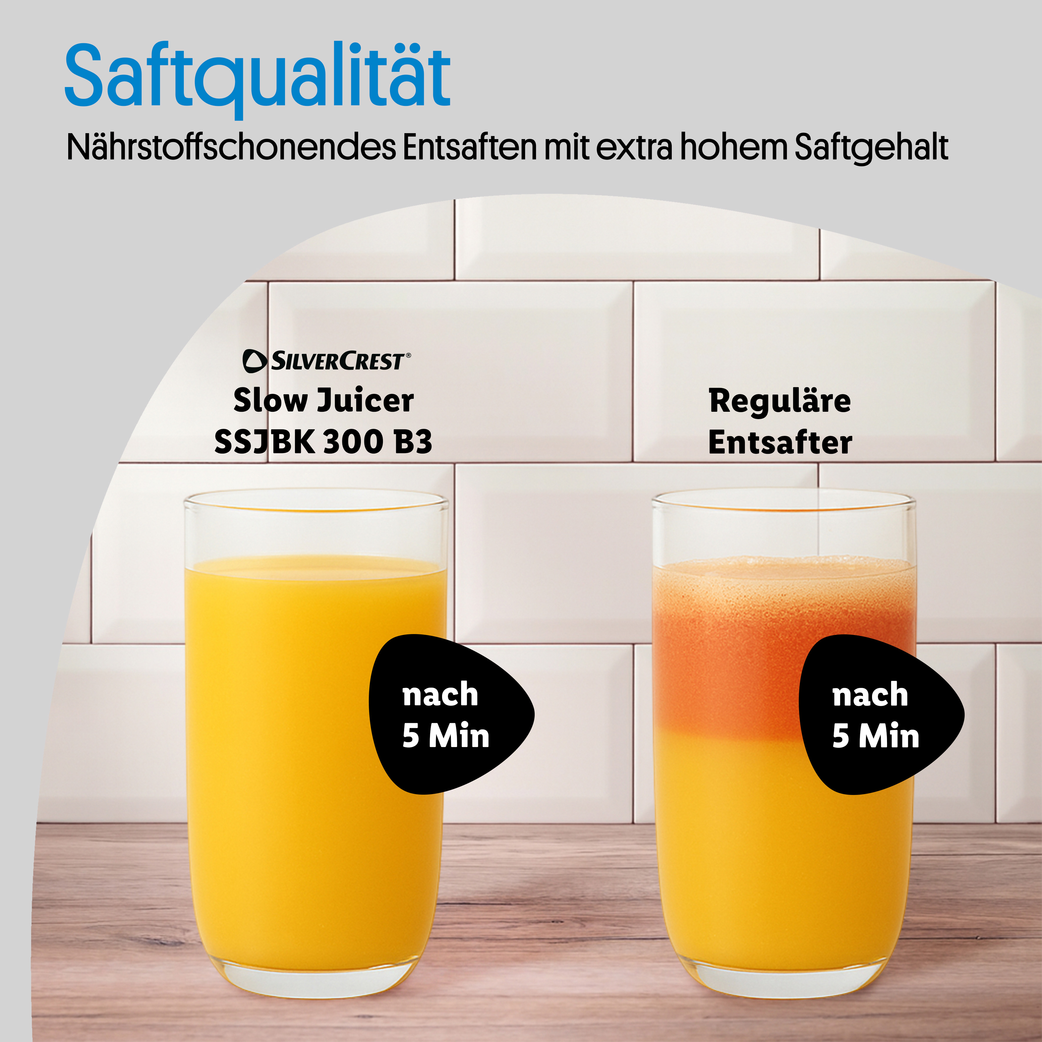 Qualité du jus : extraction de jus préservant les nutriments avec une teneur en jus extra-élevée par rapport aux centrifugeuses classiques après 5 minutes.