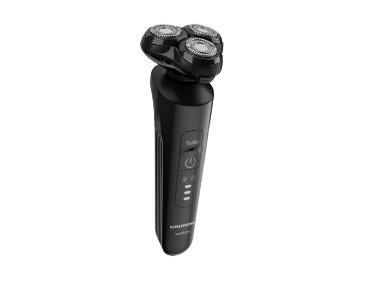 Un rasoir Grundig noir à trois lames, adapté pour le rasage à sec et à l'eau.