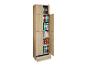 Armoire de bureau en bois avec classeurs, livres et tiroirs ouverts.