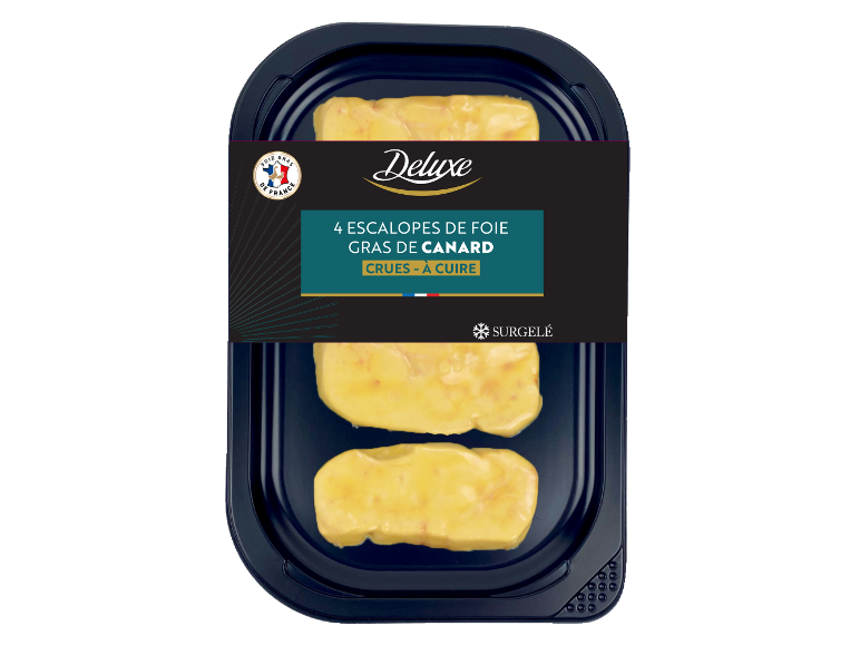 Emballage de 4 escalopes de foie gras de canard crues, surgelées.