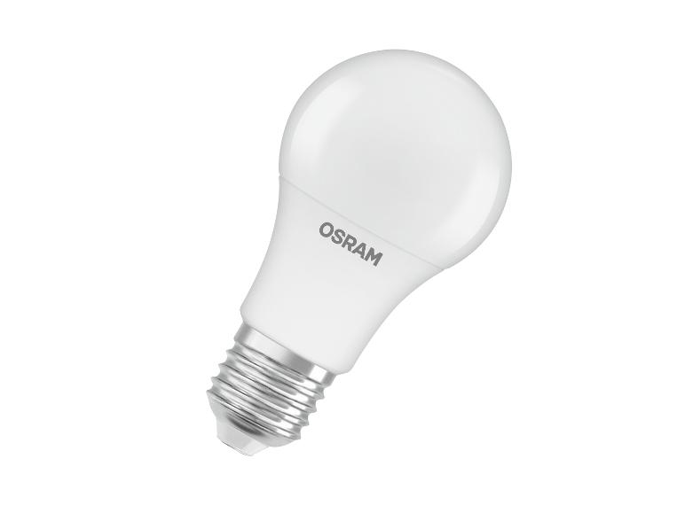 Ampoule LED blanche à culot à vis, inclinée sur un fond blanc.